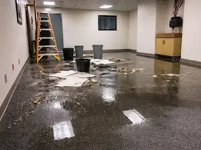 Flooded commercial room with buckets and a ladder on a wet floor