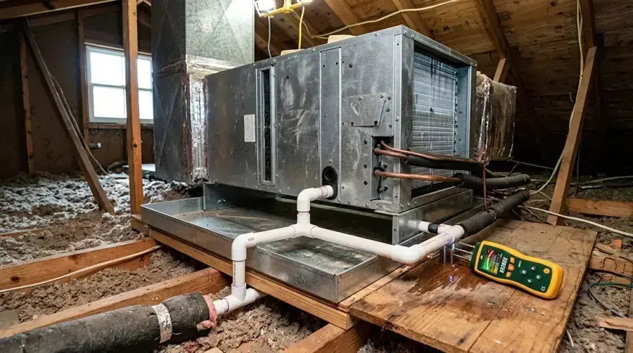 Attic air handler over a wet condensate pan with a moisture meter on the platform, AC condensate leak in Goose Creek